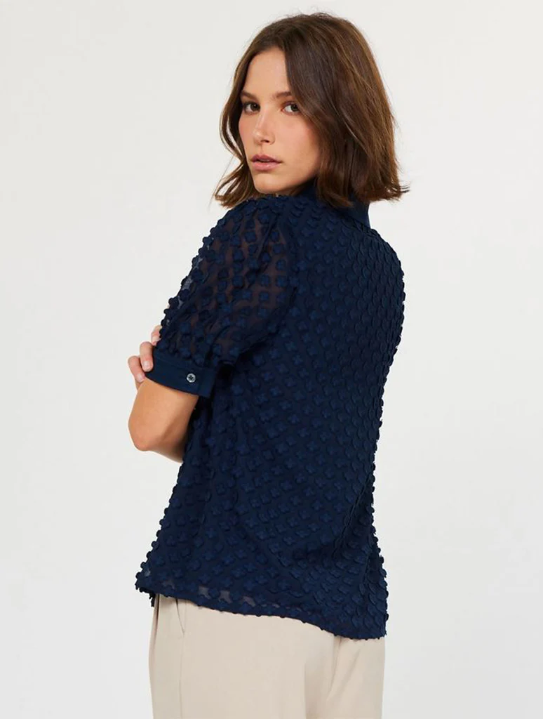 3D Floral Short Sleeve Button Down Blouse - Image 2