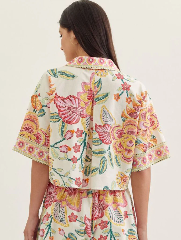 Botanical Print Short Sleeve Split V-neck Top - Image 3