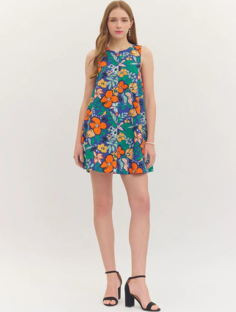 Botanical Print Sleeveless Mini Dress with Back Keyhole