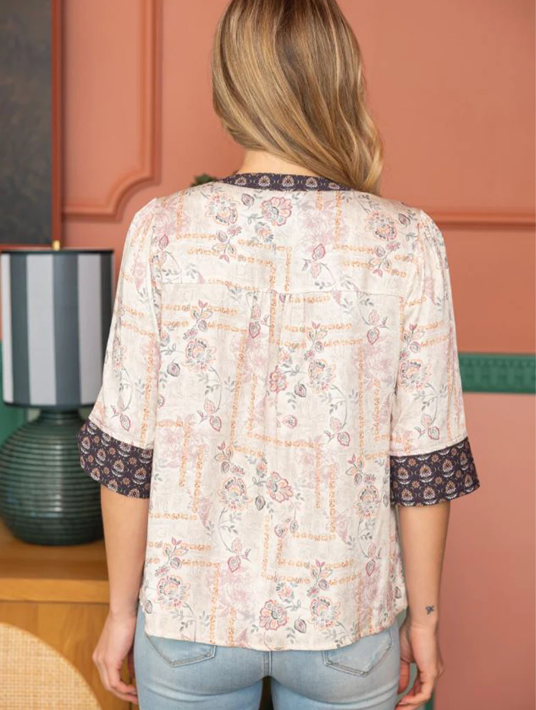 Button Down V-Neck Contrast Banded Top - Image 3