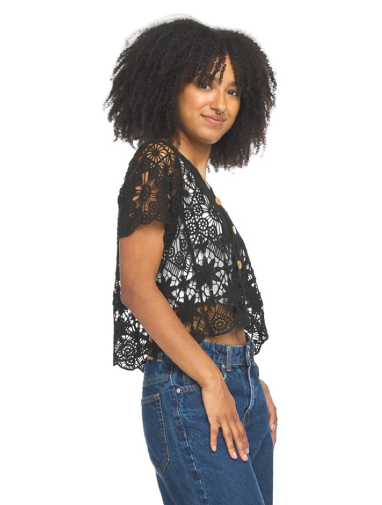 Button Front Short Sleeve Crochet Top - Image 2