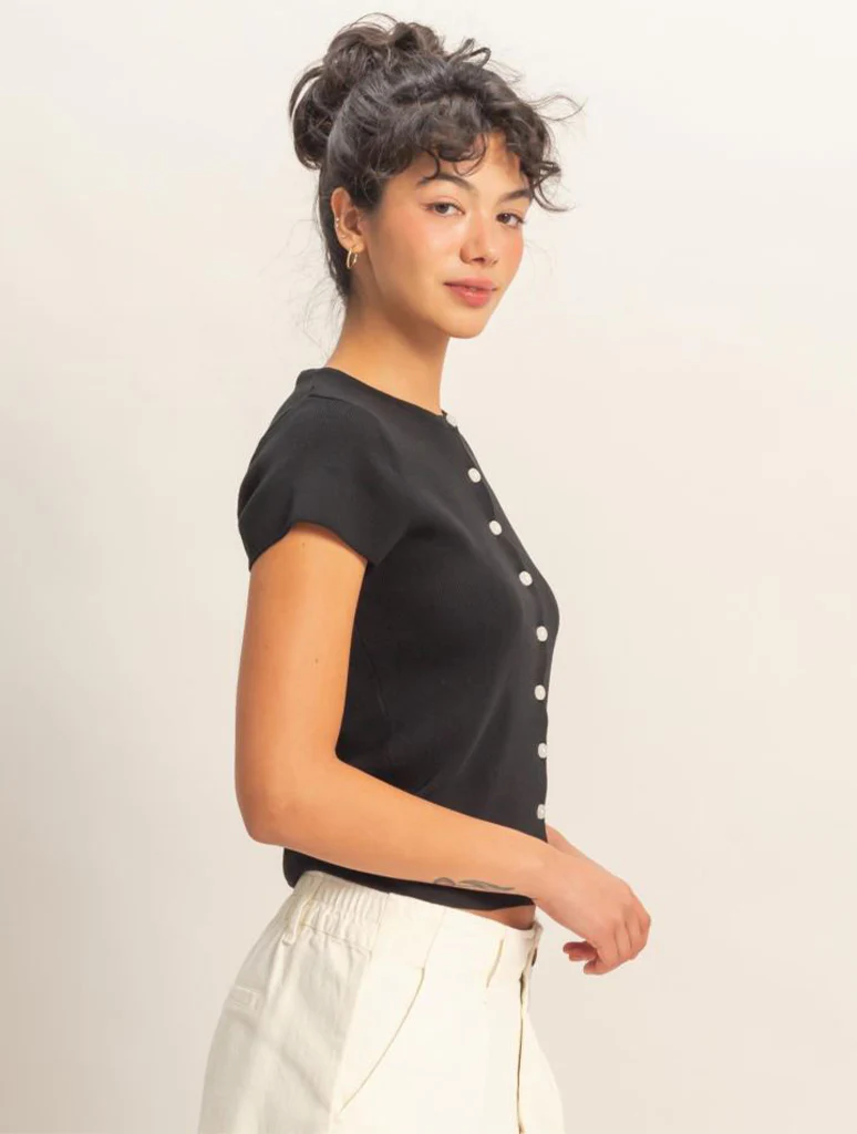 Button Front Short Sleeve Knit Top - Image 2