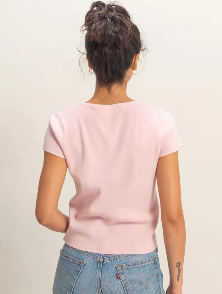 Button Front Short Sleeve Knit Top - Image 6