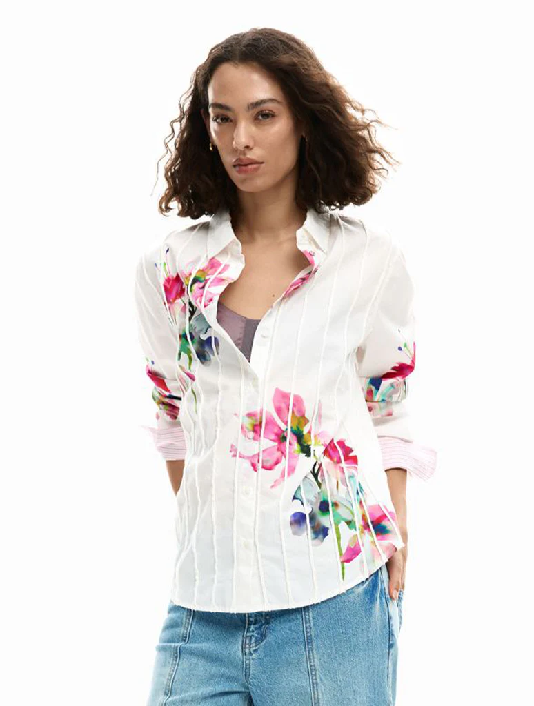 Desigual Pleated Long Sleeve Floral Shirt