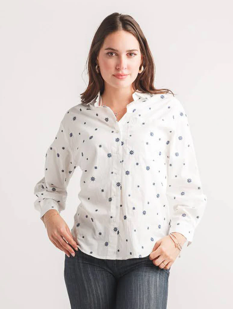 Embroidered Shirt with Navy Flowers
