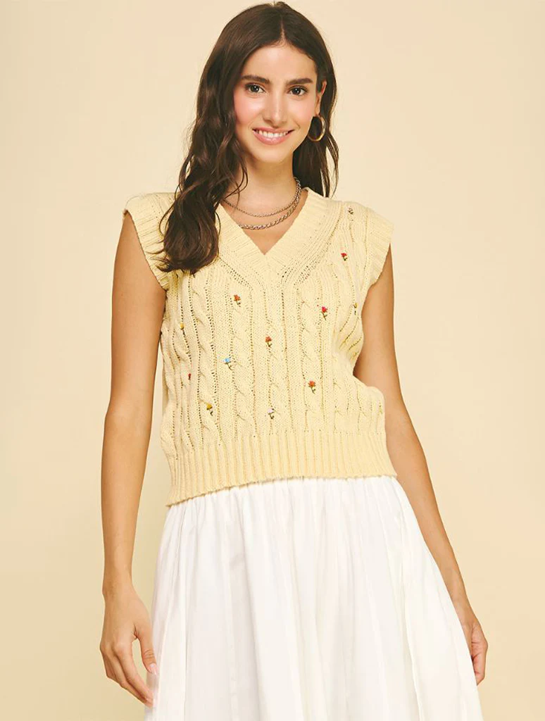 Floral Embroidered Cable Knit Sweater Vest