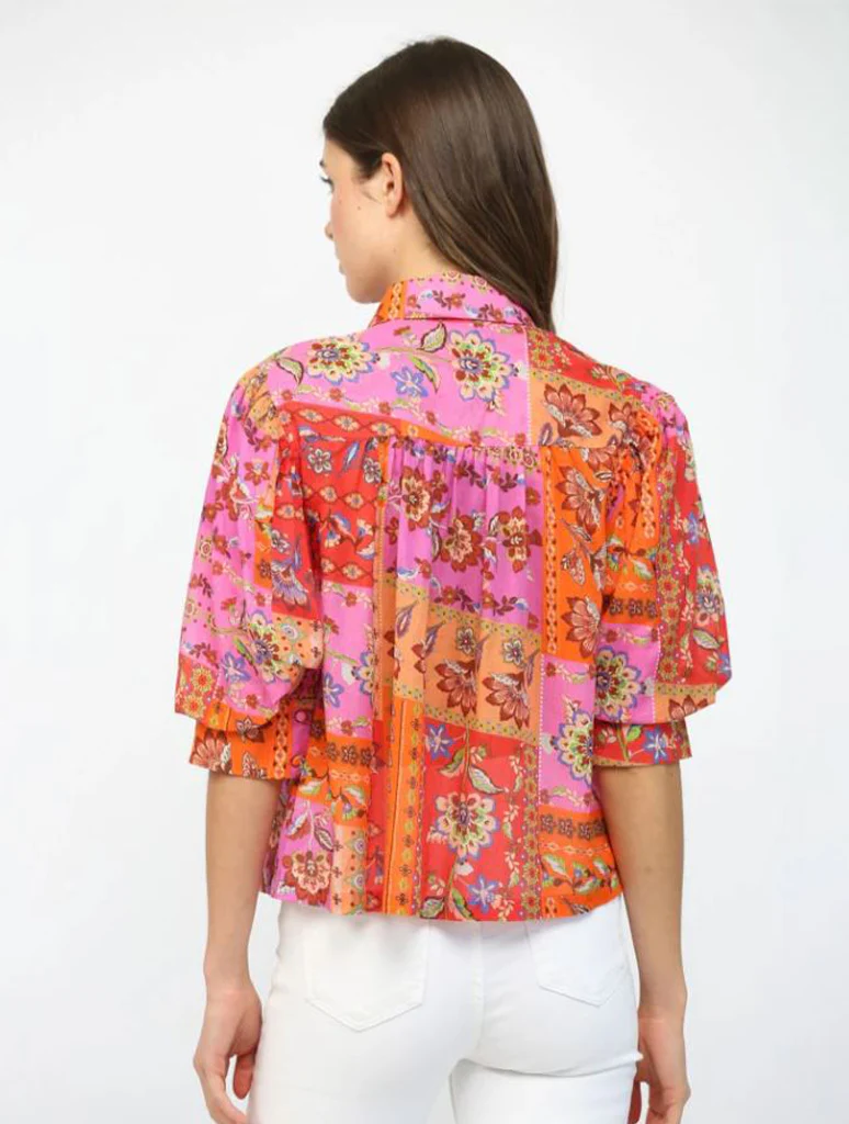 Floral Motif Patchwork Print Short Sleeve Blouse - Image 3