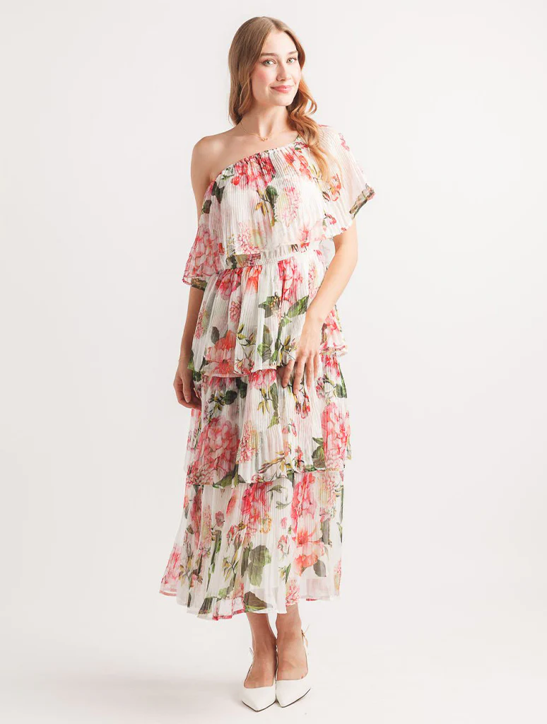 Floral Pleated Off the Shoulder Layered Dress