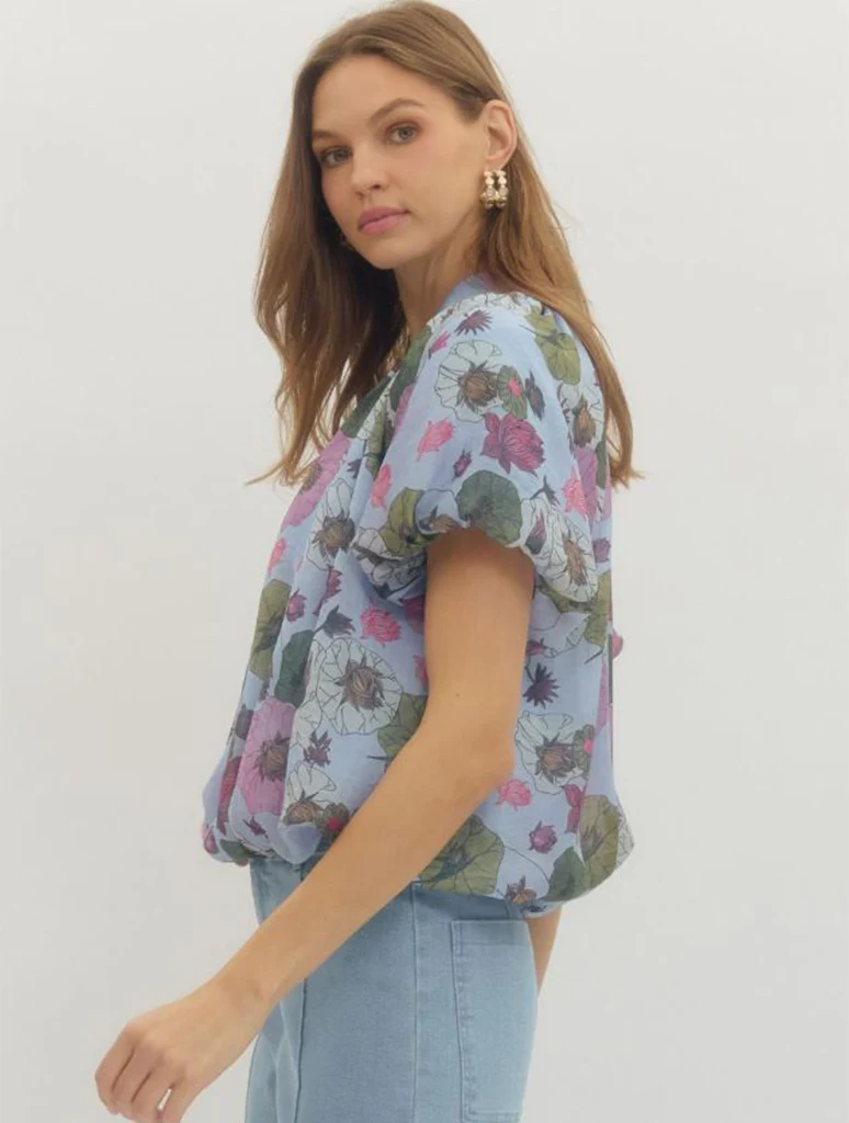Floral V-Neck Short Sleeve Blouse - Image 2
