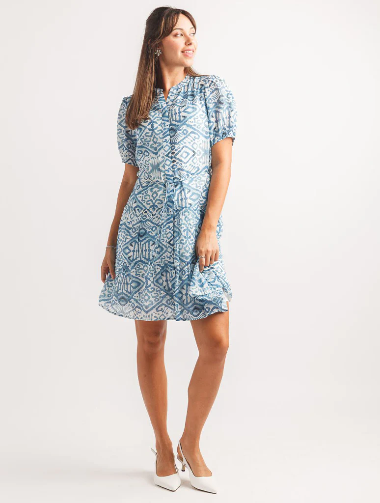 Geo Print Puff Sleeve Dress with Tie Belt