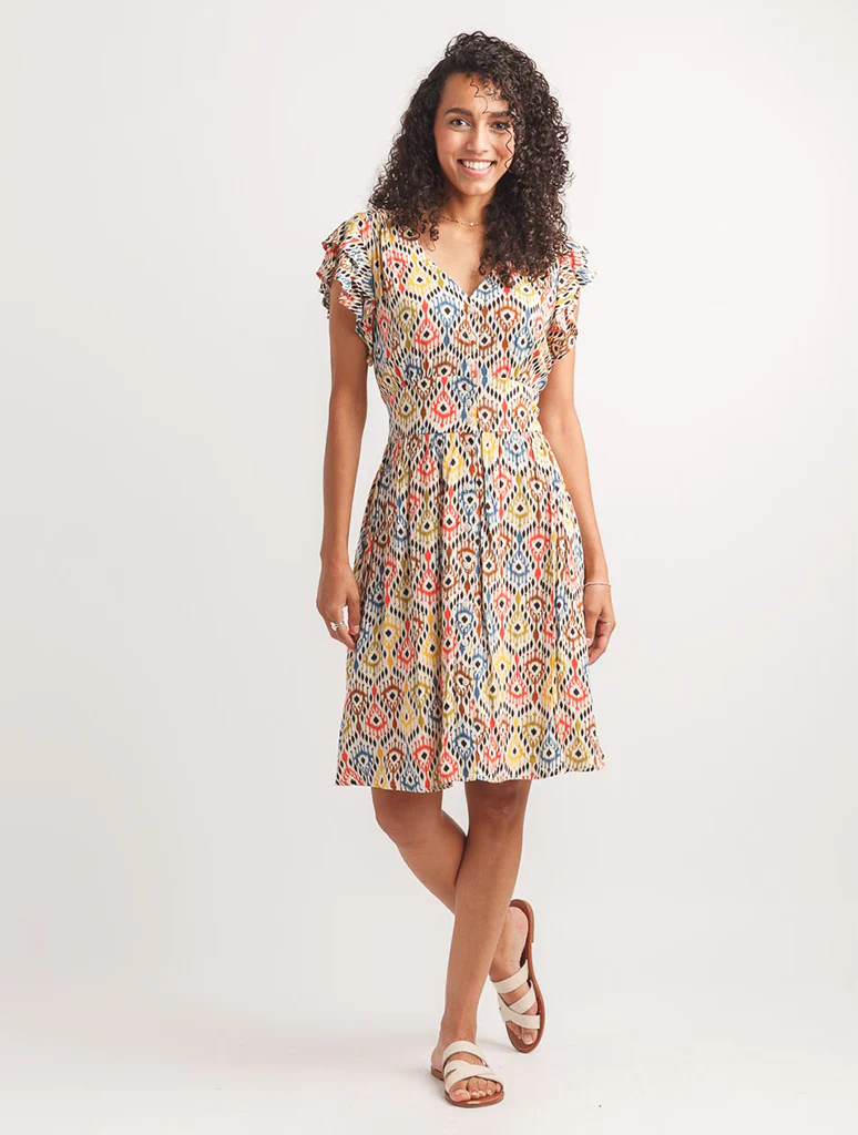 Ikat Abstract Button Front Dress with Pockets