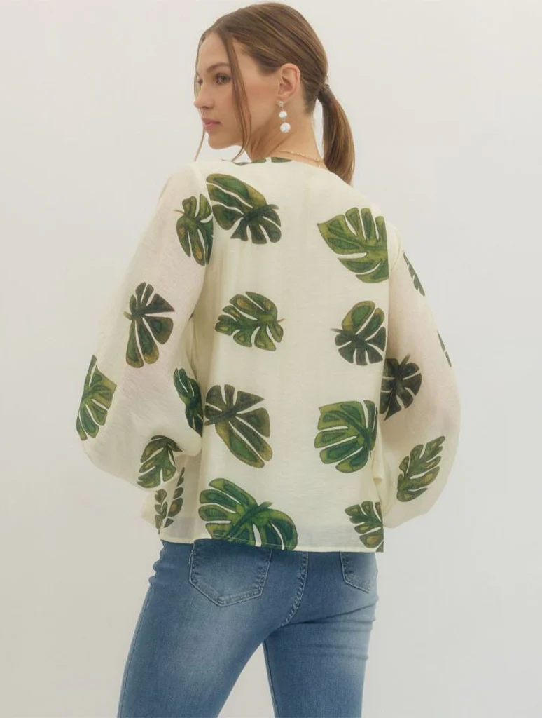 Leaf Print Puff Sleeve Blouse - Image 3