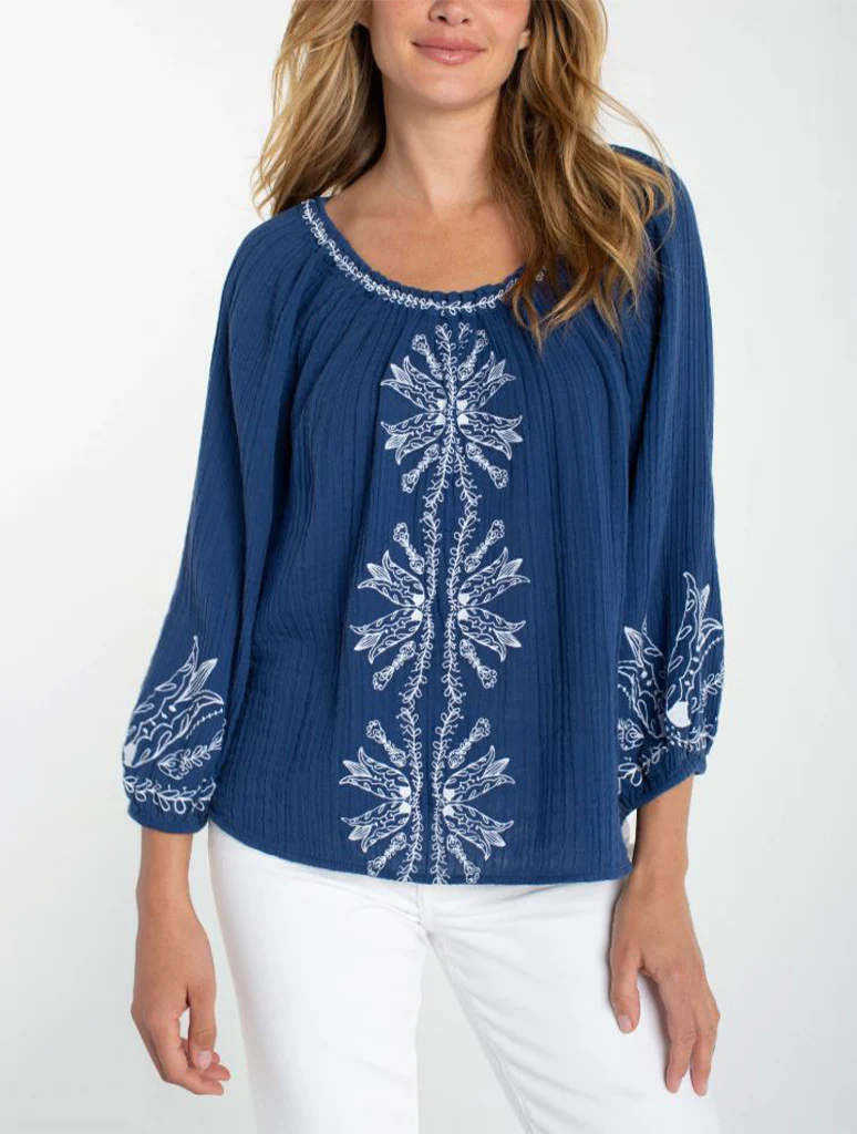 Liverpool 3/4 Sleeve Woven Top With Embroidery