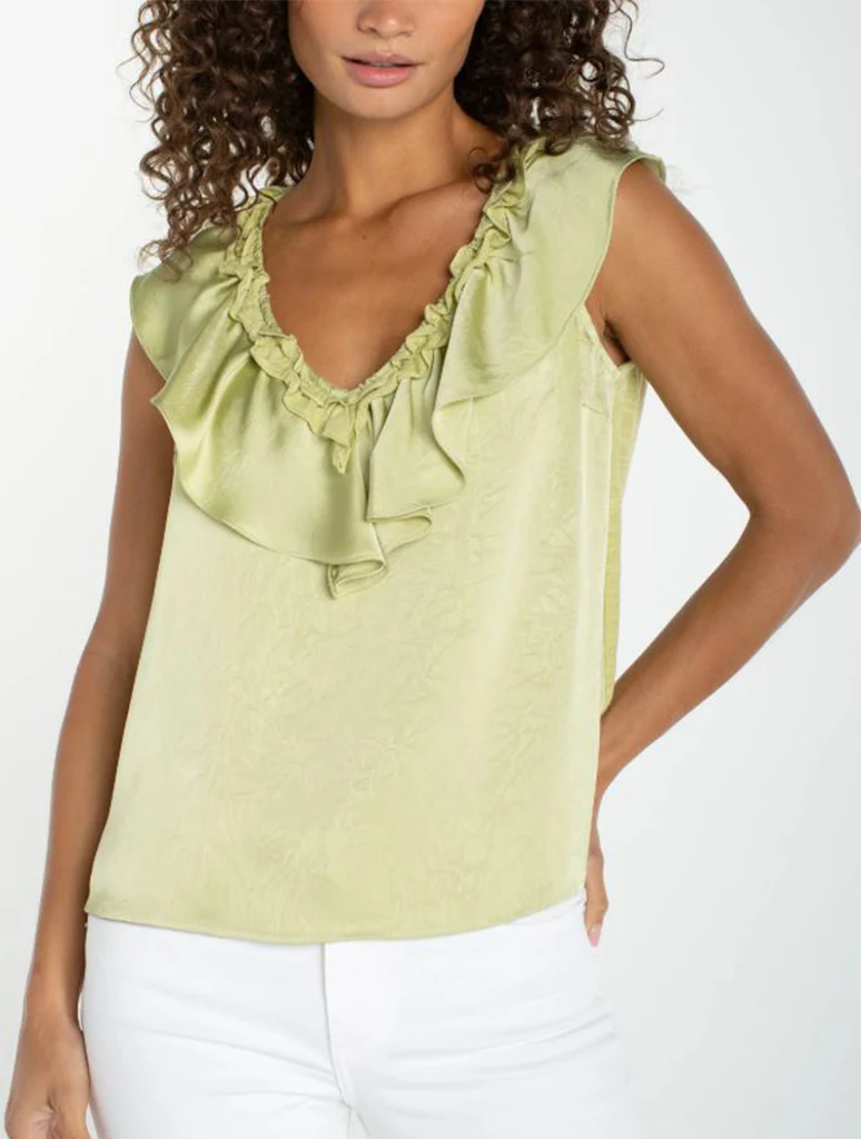 Liverpool Ruffle Front Sleeveless Woven Knit Top