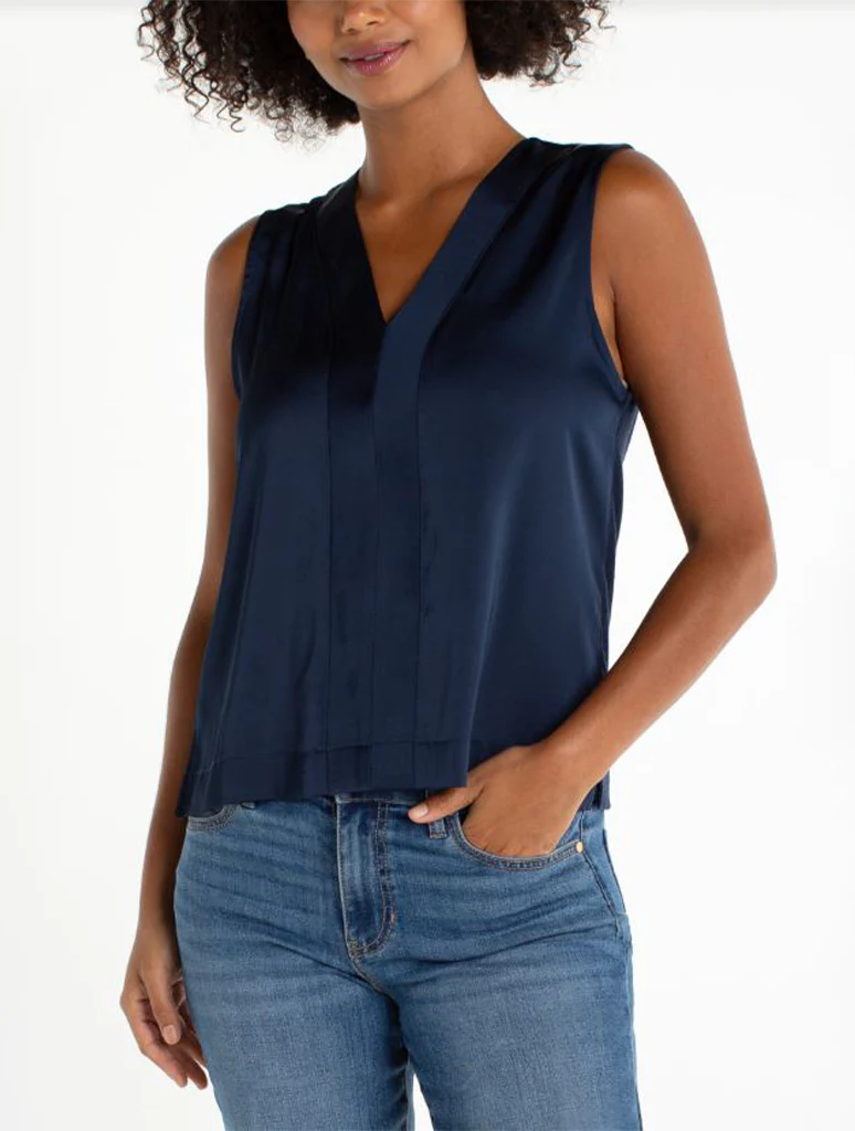 Liverpool Sleeveless V-Neck Woven To Knit Top