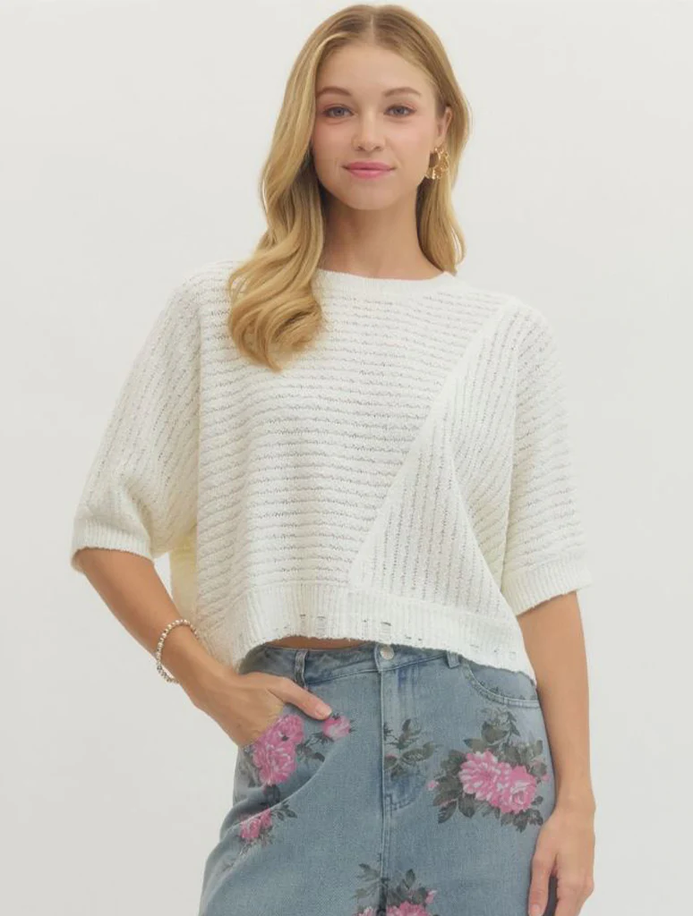 Mixed Ribbed Texture Short Sleeve Knit Top