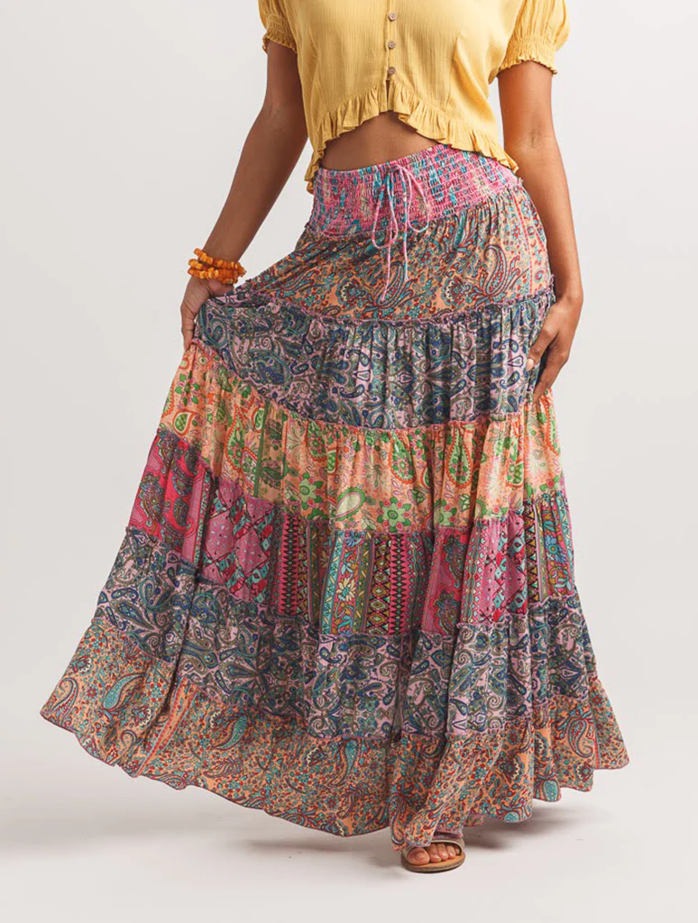 Multi Print Smocked Waist Tiered Skirt
