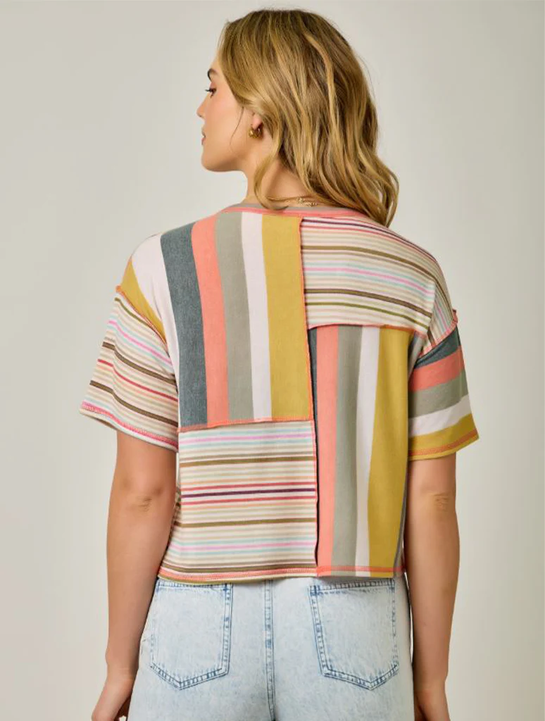 Relaxed Shoulder Short Sleeve Mixed Stripe Top - Image 3