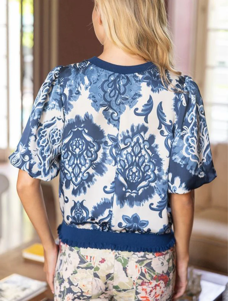 Ribbed Band Detail Printed Bubble Sleeve Top - Image 3