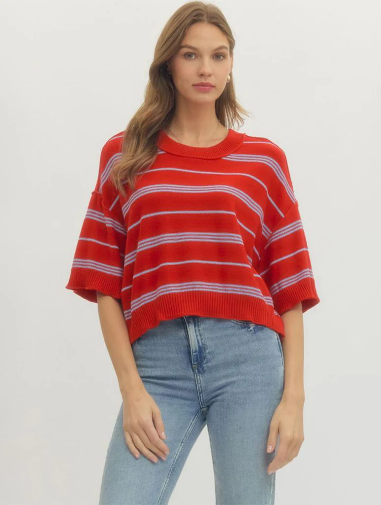Striped Drop Shoulder Half Sleeve Knit Top