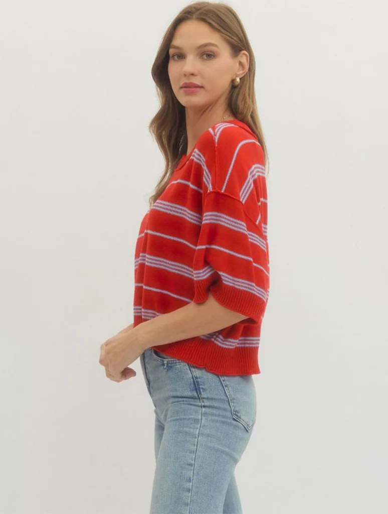 Striped Drop Shoulder Half Sleeve Knit Top - Image 2