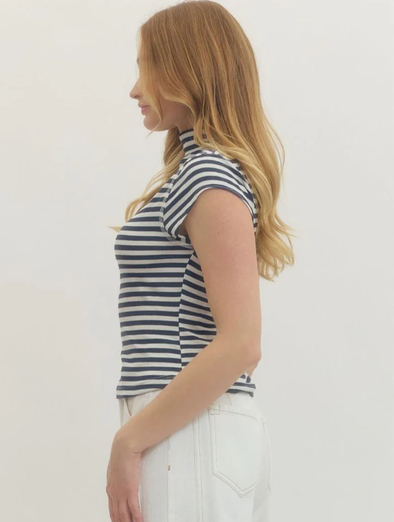 Striped Mock Neck Short Sleeve Tee - Image 2