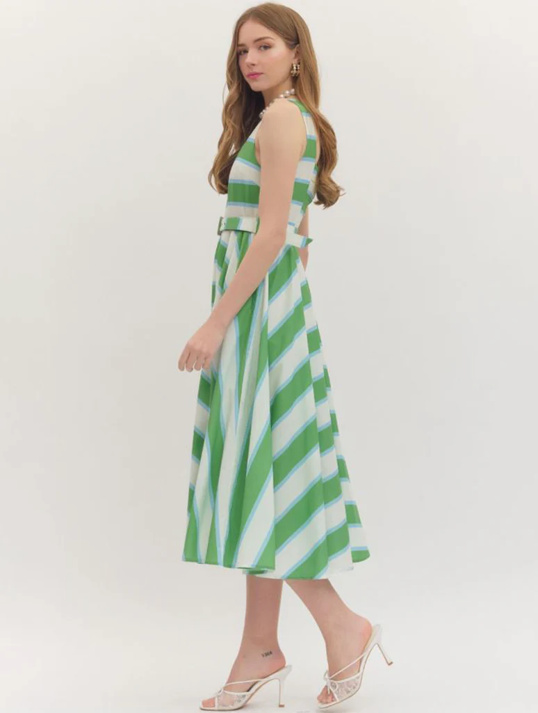 Striped Sleeveless Midi Dress with Belt - Image 2