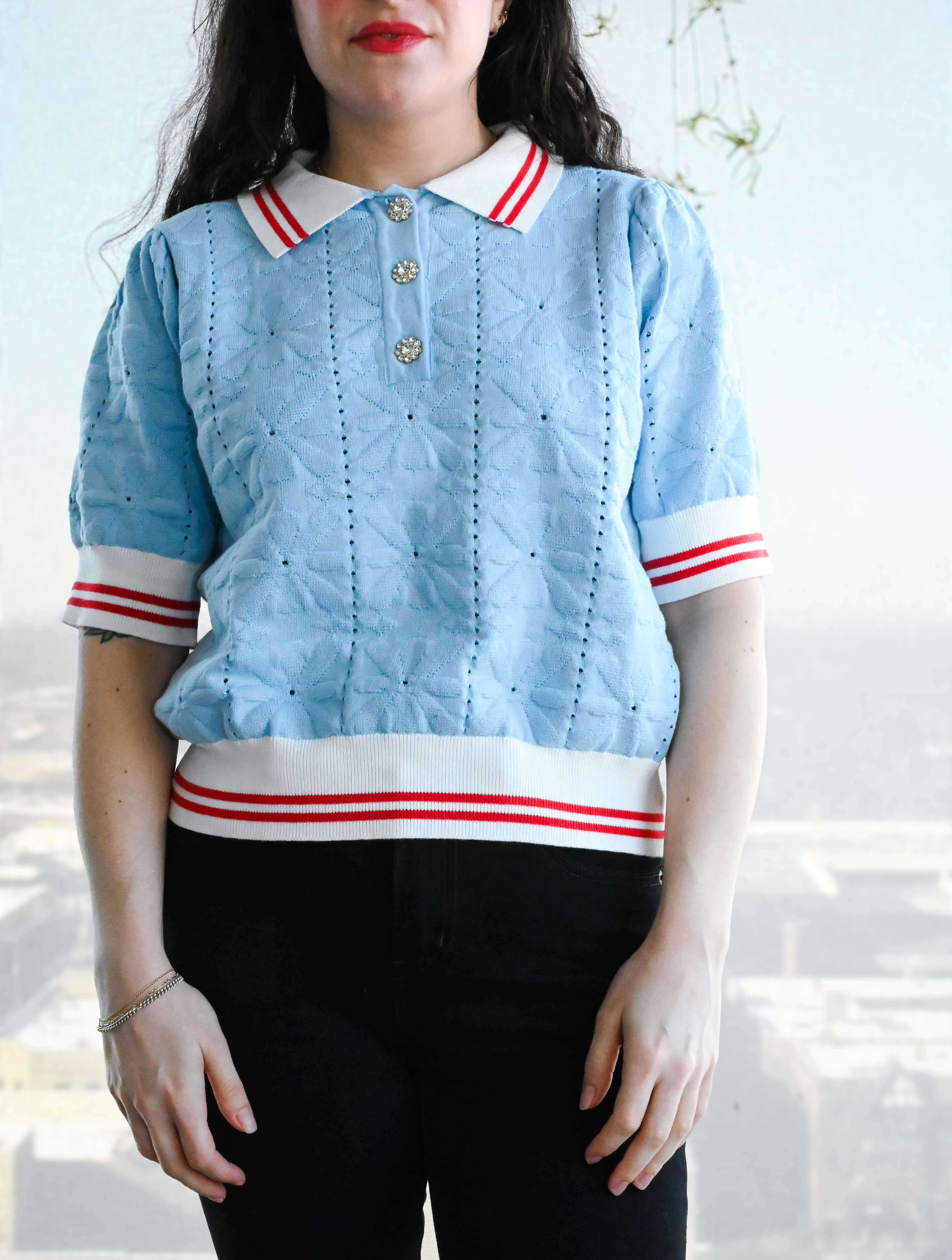 Textured Knit Short Puff Sleeve Top with Contrast Collar - Image 2