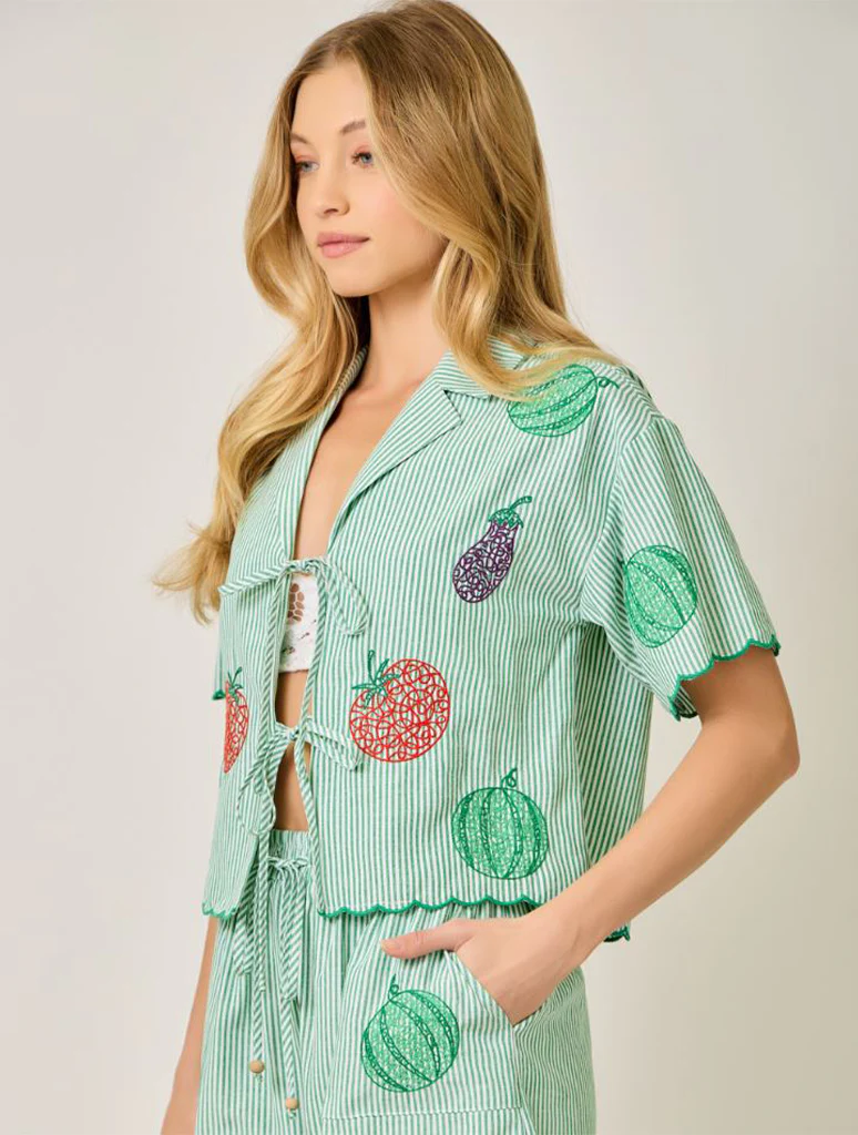 Veggie Motif Embroidered Pinstripe Blouse - Image 2